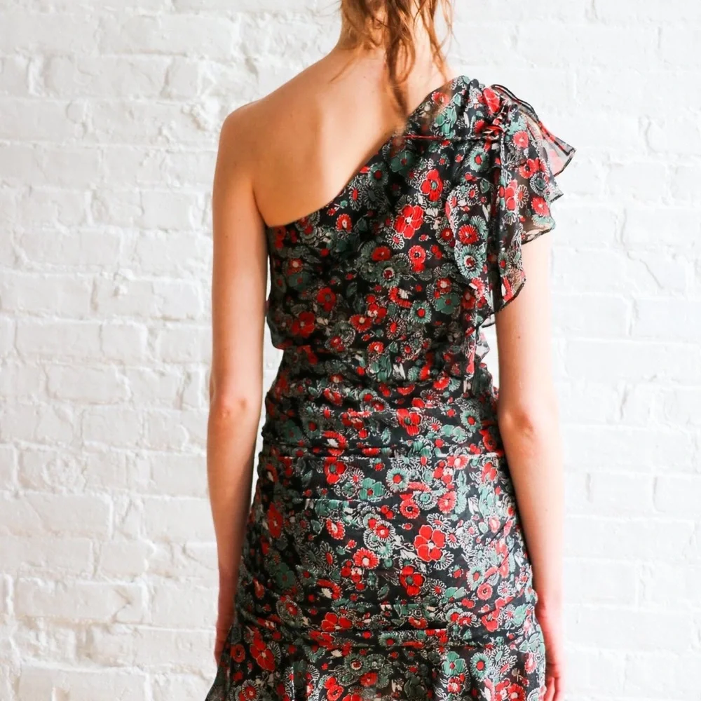 NWT Veronica Beard Ruched Floral Ruffled One Shoulder Mini Dress - Picture 3 of 14